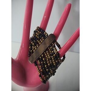 Vintage Bracelet Beaded Gold Tone Black Wooden Stretch Jewelry Costume